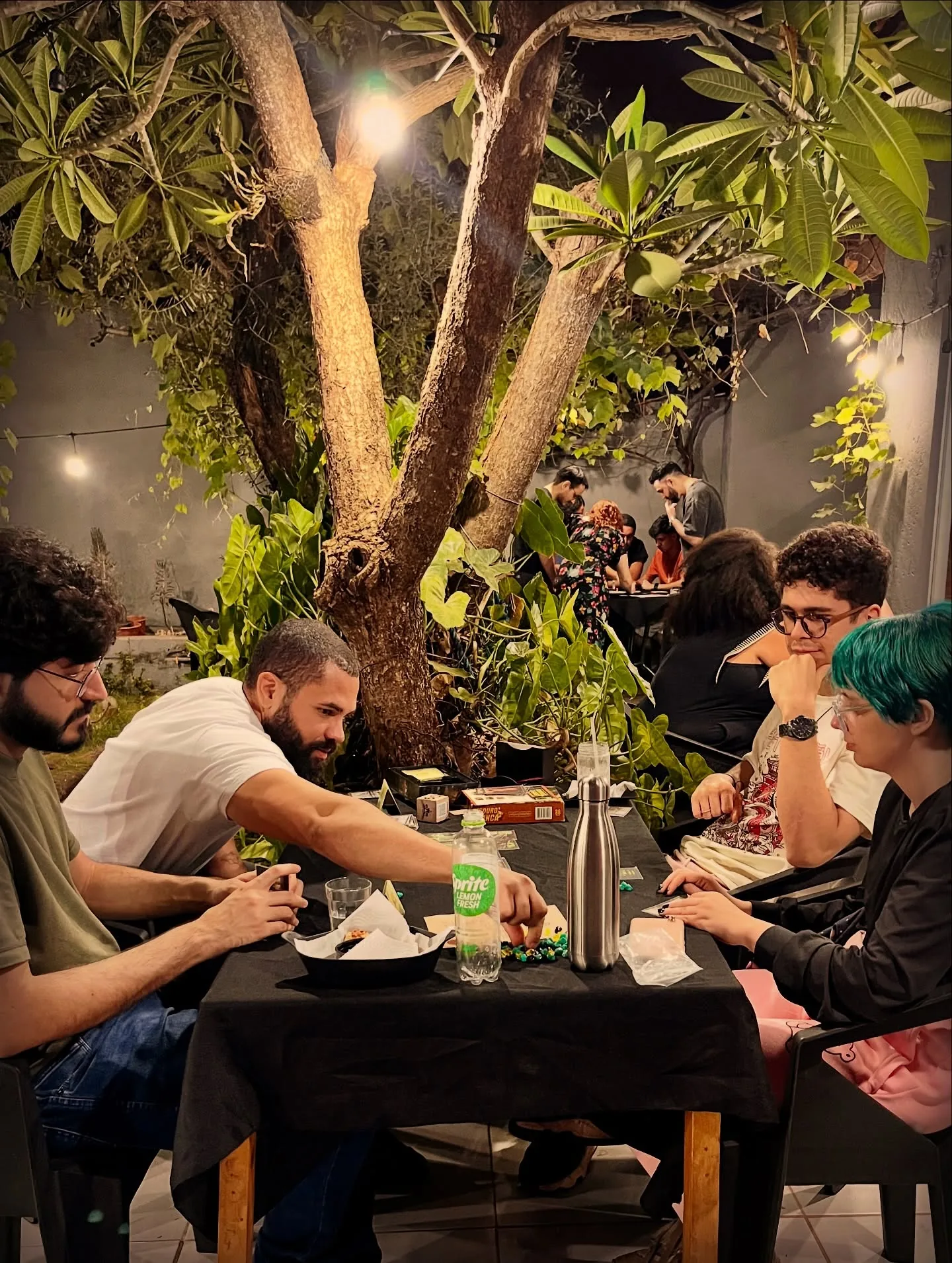 Amigos em volta da mesa, embaixo da árvore do salão